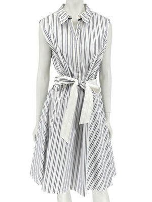 Lafayette 148 New York White & Navy Striped Sleeveless Shirtdress with Self-Tie Belt – Size XXL