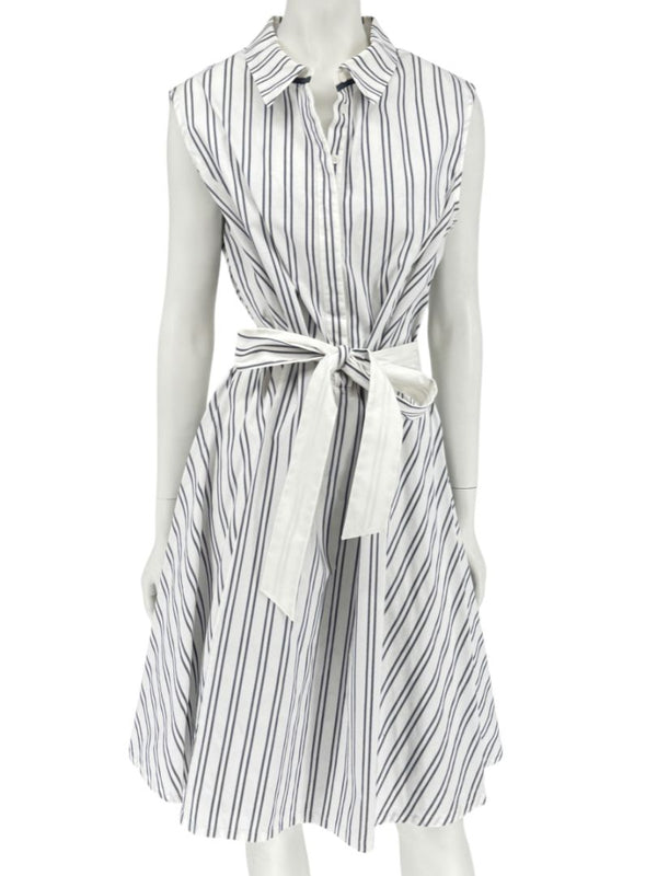 Lafayette 148 New York White & Navy Striped Sleeveless Shirtdress with Self-Tie Belt – Size XXL
