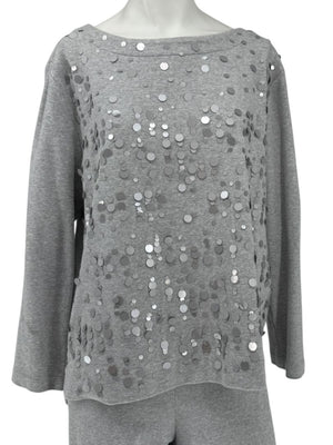 Joan Vass Gray Sequin-Embellished Knit Top & Pant Set – Size XL