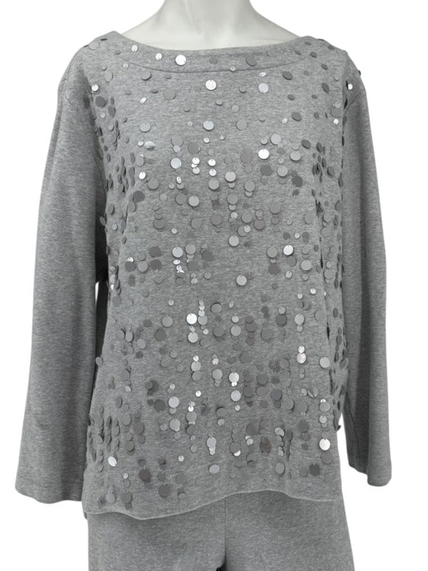 Joan Vass Gray Sequin-Embellished Knit Top & Pant Set – Size XL
