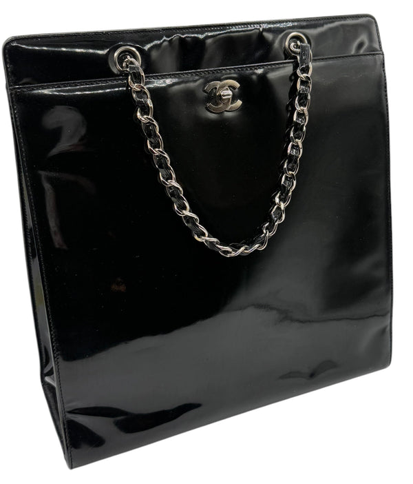 Chanel CC Turnlock Patent Tote with Silver Chain/Hardware