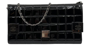 Chanel Black Patent Leather Chocolate Bar Clutch On Chain