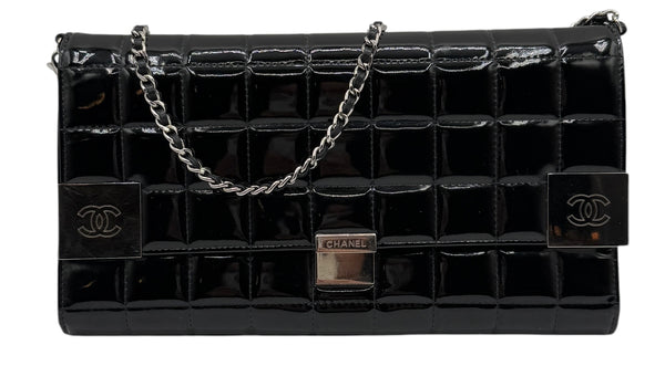 Chanel Black Patent Leather Chocolate Bar Clutch On Chain