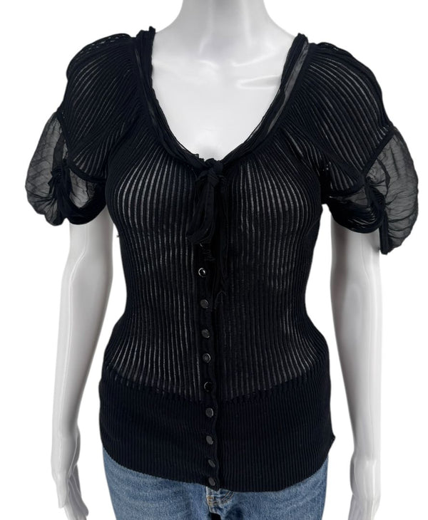 Jean Paul Gaultier Black Ribbed Sheer Top with Puff Sleeves - S