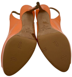 Jimmy Choo Patent Leather Slingback Platform Heels in Peach Coral – Size 37 – Good Preowned Condition