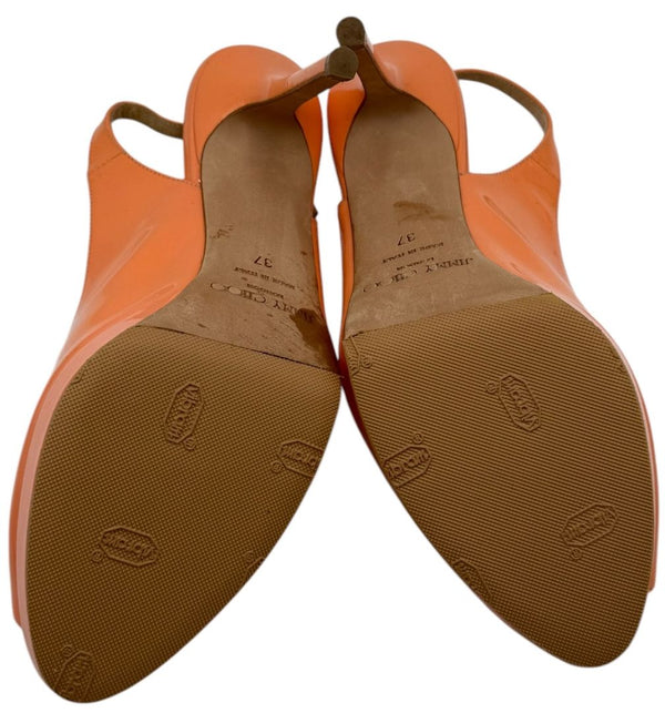 Jimmy Choo Patent Leather Slingback Platform Heels in Peach Coral – Size 37 – Good Preowned Condition