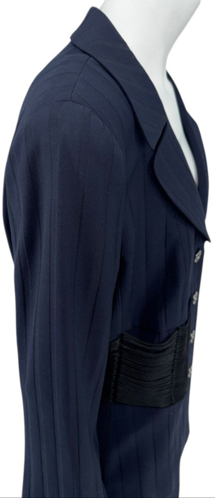 Armani Collezioni Navy Pinstripe Pantsuit with Corset-Style Waist Trim – Size IT 48