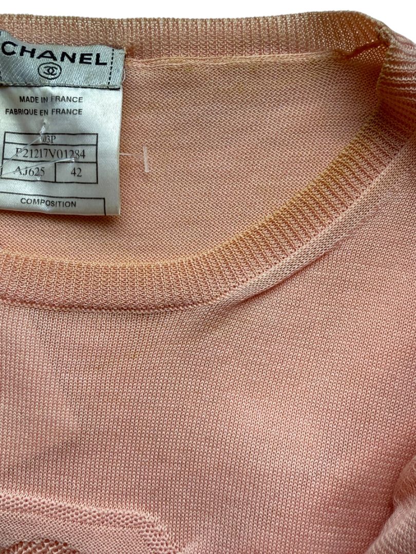 Chanel Peach Knit Logo Tee – Size FR 42 (US 8/10)
