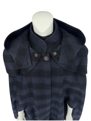 Chanel Navy & Black Plaid Wool Hooded Cape with Logo Buttons – Size FR 44 - *RARE*