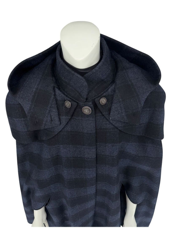Chanel Navy & Black Plaid Wool Hooded Cape with Logo Buttons – Size FR 44 - *RARE*