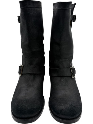 Jimmy Choo Black Suede Buckle Boots with Crystal Heels – Size 39.5