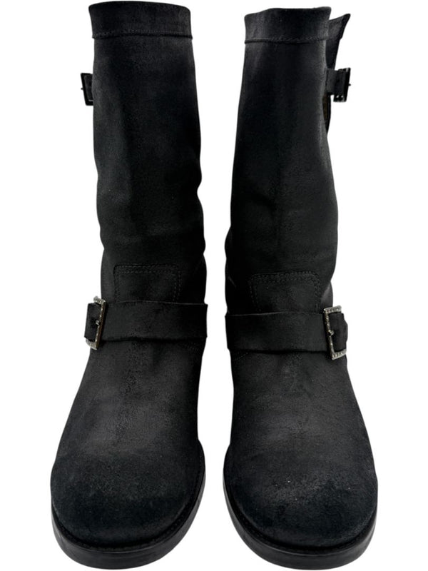 Jimmy Choo Black Suede Buckle Boots with Crystal Heels – Size 39.5