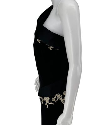 Pamella Roland Black One-Shoulder Gown with Embroidered Gold Appliqué - Large