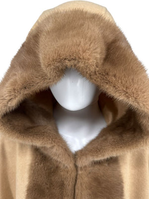 Agnona Camel Cashmere Cape with Fur Trim & Hood – One Size- NEW