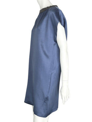 Brunello Cucinelli Navy Silk Shift Dress with Contrast Trim – Size XL- NEW