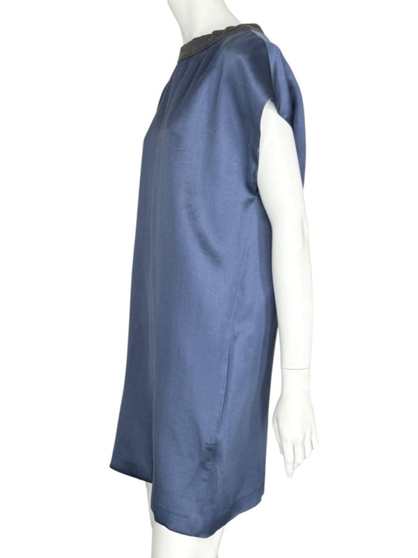 Brunello Cucinelli Navy Silk Shift Dress with Contrast Trim – Size XL- NEW