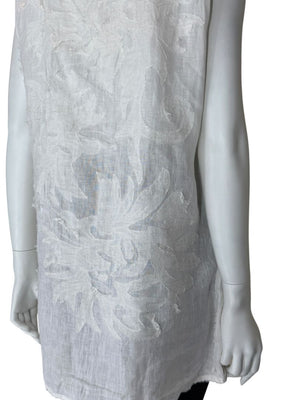 Fendi White Linen Sleeveless Tunic with Textured Floral Appliqué – Size L
