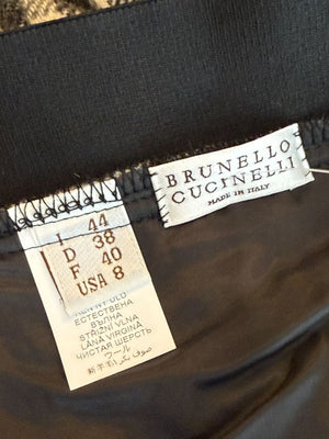 Brunello Cucinelli Black & Ivory Checked Wool Skirt with Fringe Hem – Size IT 44 (US 8)