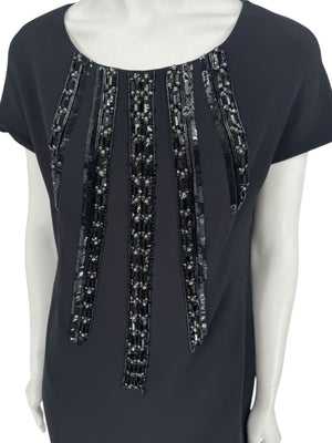 Pamella Roland Black Sequin Embellished Short Sleeve Cocktail Dress – Large