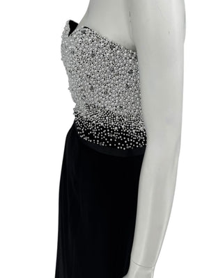 Pamella Roland Black Strapless Gown Silver Pearl Crystal Beaded Bodice Size 8 Evening Dress