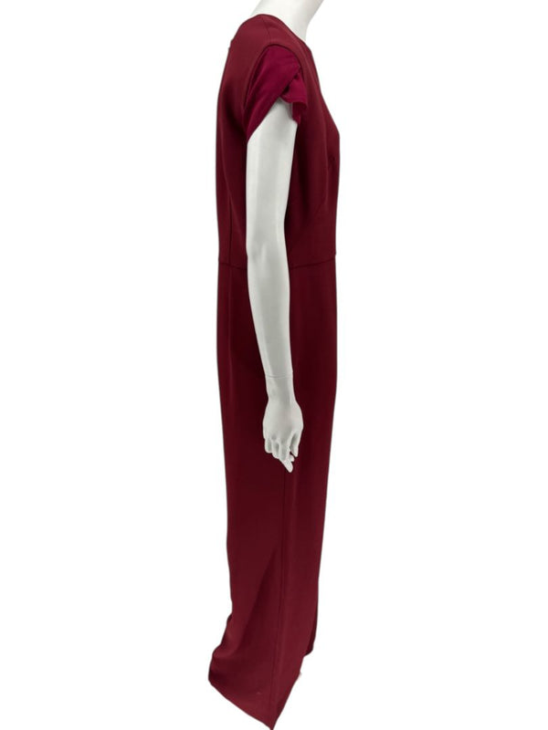 Pamella Roland Burgundy Cap-Sleeve Jumpsuit with Sheer Sash – Large