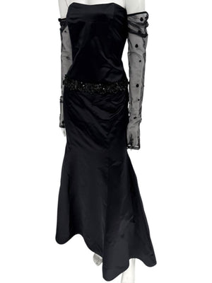 Pamella Roland Black Strapless Evening Dress Embellished Waist Sheer Sleeve Formal Gown - Size 6