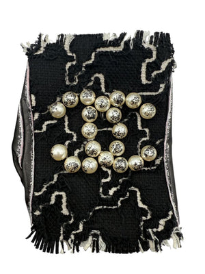 Chanel Pearl-Embellished Tweed & Leather Cutoff Gloves – Size 7.5