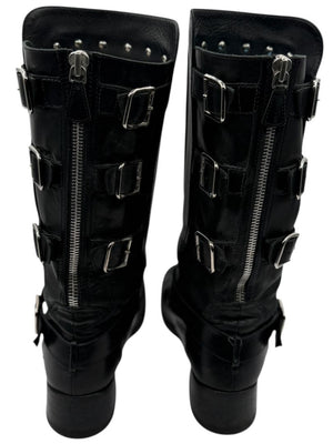 Chanel Black Leather Moto Boots with Silver Armor Plate – Size 40.5