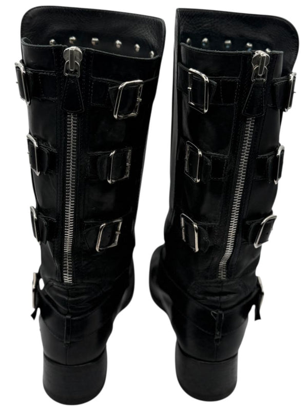 Chanel Black Leather Moto Boots with Silver Armor Plate – Size 40.5