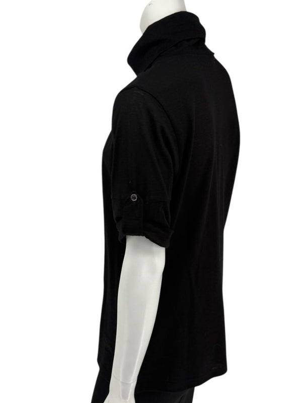 Burberry London Black Wool Short-Sleeve Pleated Funnel-Neck Top – Size L