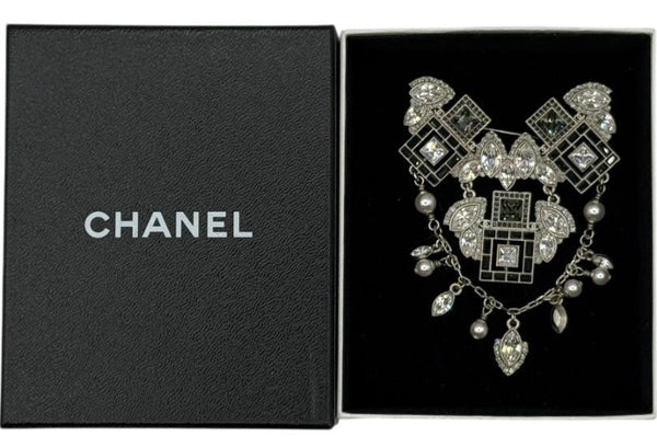 Chanel Crystal & Pearl Statement Brooch – Silver Tone  - With Box