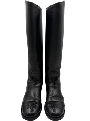 Chanel CC Captoe Black Leather Riding Boots – Size 36.5