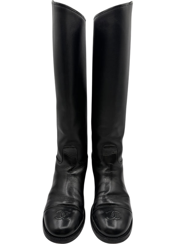 Chanel CC Captoe Black Leather Riding Boots – Size 36.5