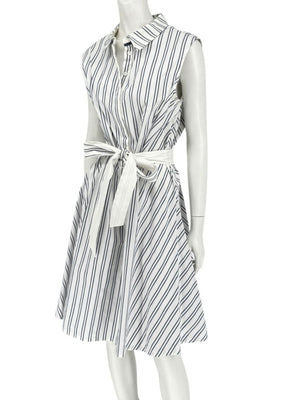 Lafayette 148 New York White & Navy Striped Sleeveless Shirtdress with Self-Tie Belt – Size XXL