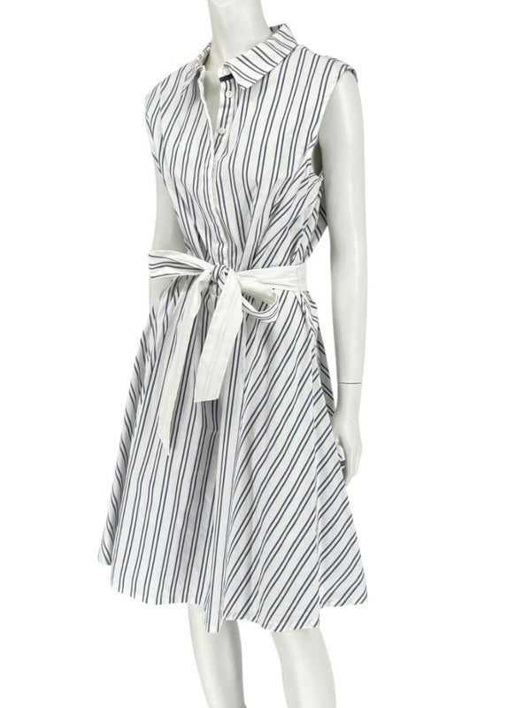 Lafayette 148 New York White & Navy Striped Sleeveless Shirtdress with Self-Tie Belt – Size XXL