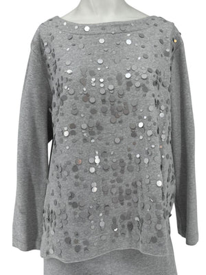 Joan Vass Gray Sequin-Embellished Knit Top & Pant Set – Size XL