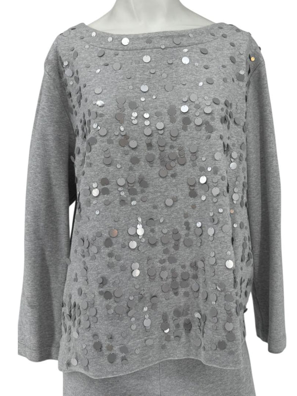 Joan Vass Gray Sequin-Embellished Knit Top & Pant Set – Size XL