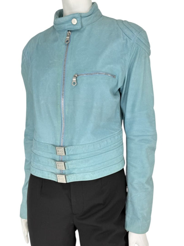 Chanel Pale Blue Leather Moto Jacket – Spring 2002 – Size 42