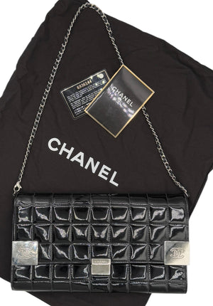 Chanel Black Patent Leather Chocolate Bar Clutch On Chain