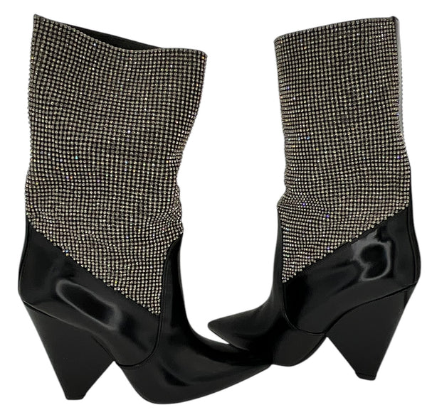 Saint Laurent Jazz Calf Swarovski Crystal Embellished Niki 105 Ankle Boots 39.5 Black