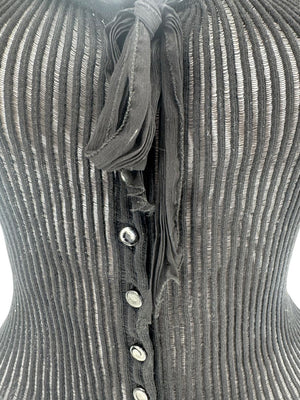 Jean Paul Gaultier Black Ribbed Sheer Top with Puff Sleeves - S