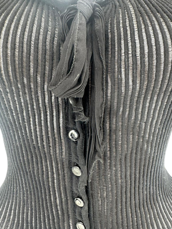Jean Paul Gaultier Black Ribbed Sheer Top with Puff Sleeves - S