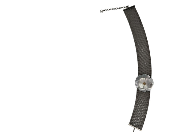 CHANEL Camellia with mesh silver choker collar.