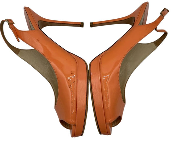 Jimmy Choo Patent Leather Slingback Platform Heels in Peach Coral – Size 37 – Good Preowned Condition