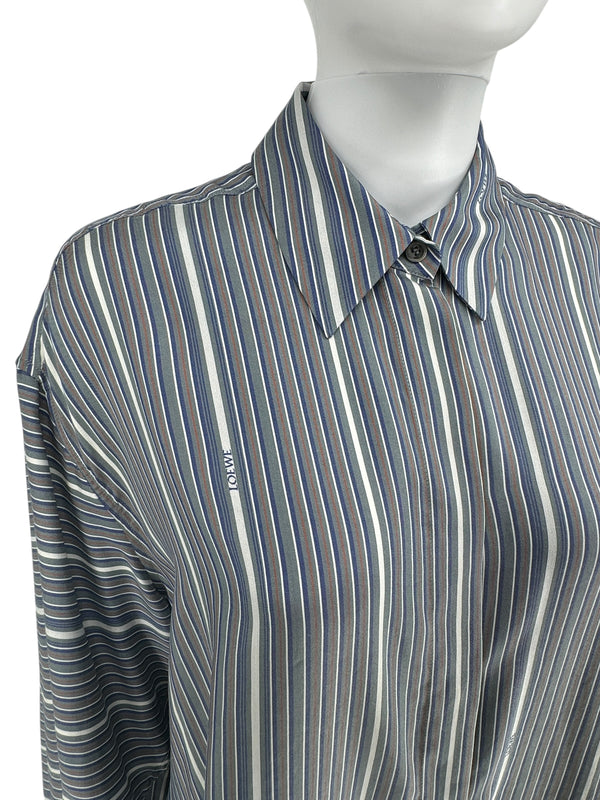 Loewe Blue/Grey/White  Silk Stripe Asymmetrical Shirt -  38