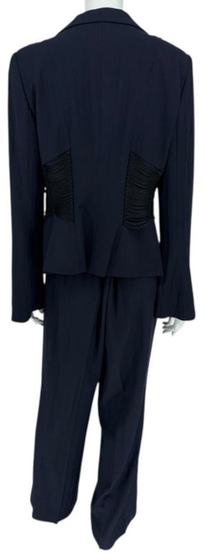 Armani Collezioni Navy Pinstripe Pantsuit with Corset-Style Waist Trim – Size IT 48