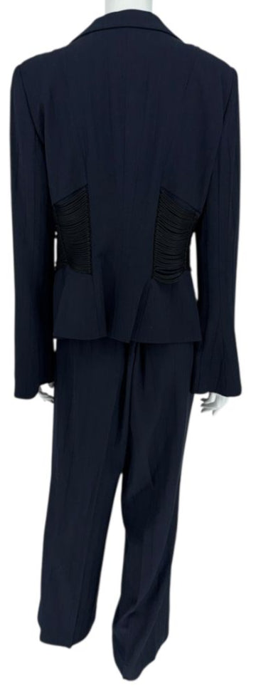 Armani Collezioni Navy Pinstripe Pantsuit with Corset-Style Waist Trim – Size IT 48