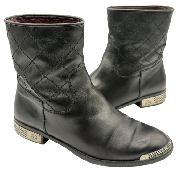 Chanel Quilted Leather Ankle Boots with Silver-Tone Hardware – Size 41