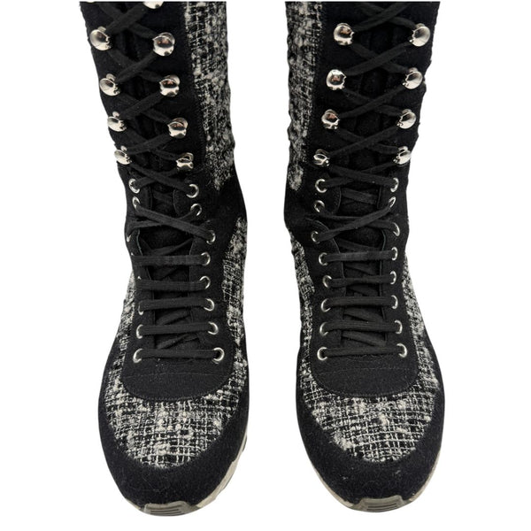 Chanel Tweed & Suede Lace-Up Knee-High Sneakers – Size 40 (EU)