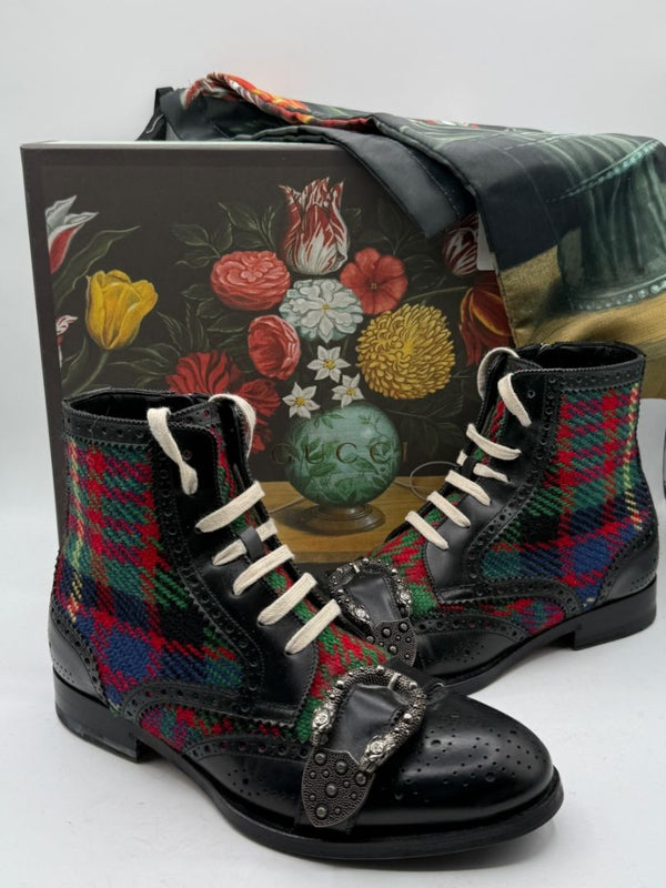 Gucci Tartan Wool & Leather Buckle Combat Boots – Men’s Size 6 (EU 39)